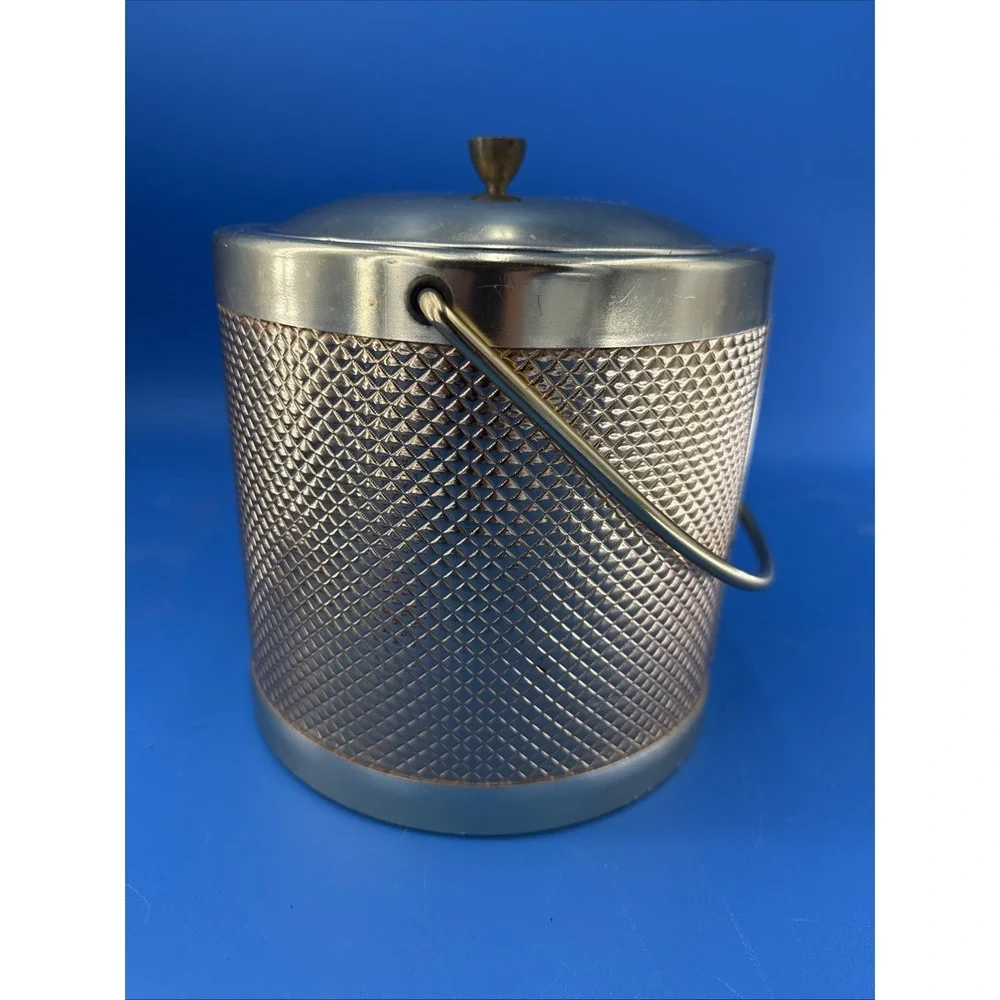 Vintage 1960's Midcentury Italian Gold Diamond Weave Metal Ice Bucket